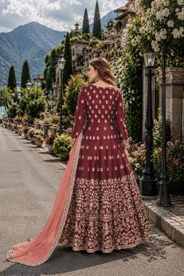 Maroon embroidered art silk semi stitched anarkali suit 2