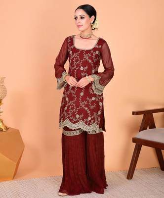 Maroon faux georgette embroidered kurta set 1
