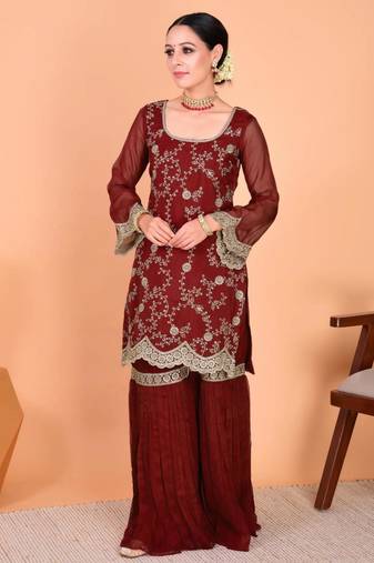 Maroon faux georgette embroidered kurta set