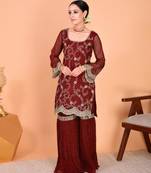 Maroon faux georgette embroidered kurta set