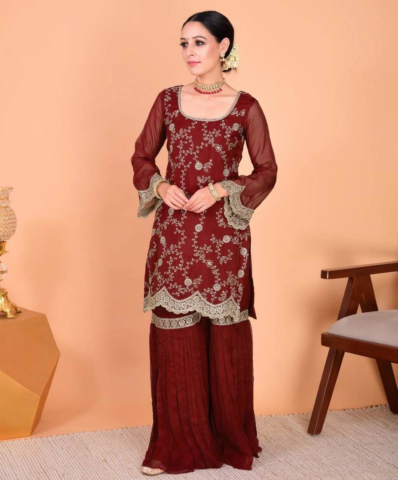 Maroon faux georgette embroidered kurta set