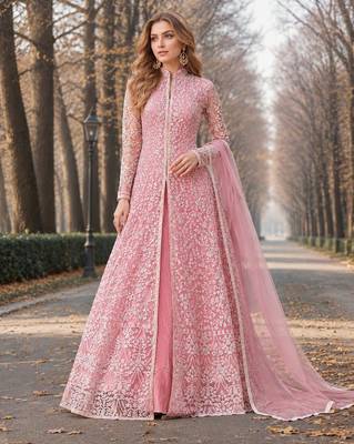 Pink embroidered net semi stitched anarkali suit 1