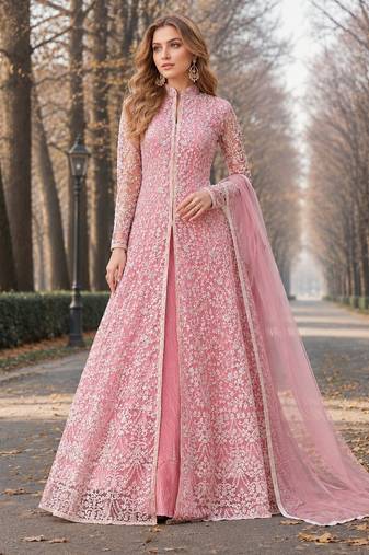 Pink embroidered net semi stitched anarkali suit