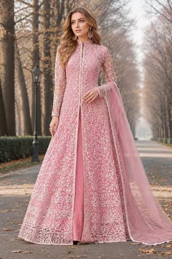 Pink embroidered net semi stitched anarkali suit