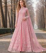 Pink embroidered net semi stitched anarkali suit