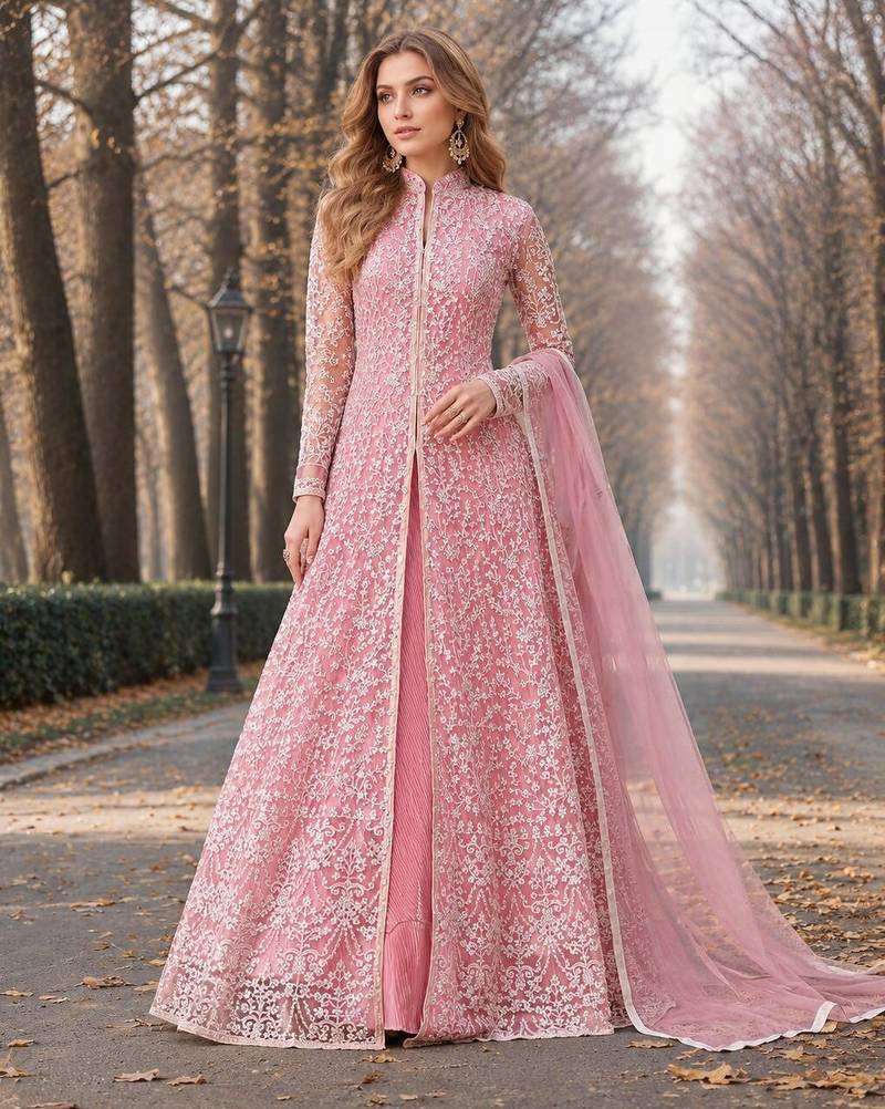 Pink embroidered net semi stitched anarkali suit