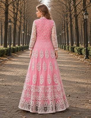 Pink embroidered net semi stitched anarkali suit 2