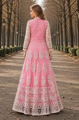 Pink embroidered net semi stitched anarkali suit