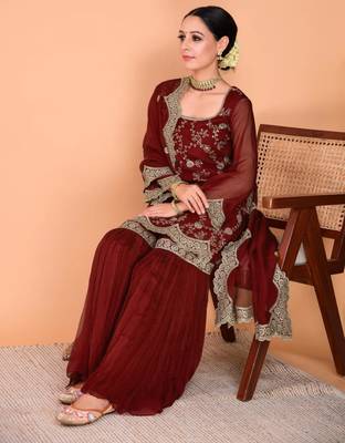 Maroon faux georgette embroidered kurta set 2