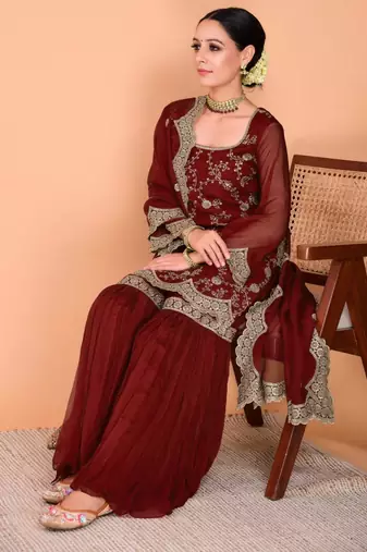 Maroon faux georgette embroidered kurta set