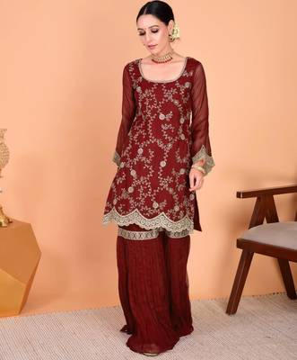 Maroon faux georgette embroidered kurta set 3