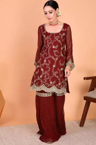 Maroon faux georgette embroidered kurta set