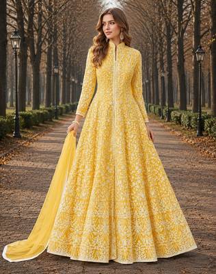 Yellow embroidered net semi stitched anarkali suit 1