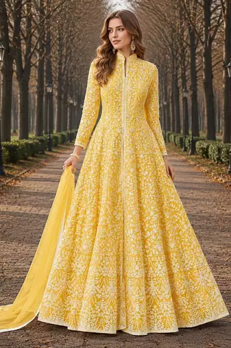 Yellow embroidered net semi stitched anarkali suit