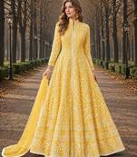 Yellow embroidered net semi stitched anarkali suit