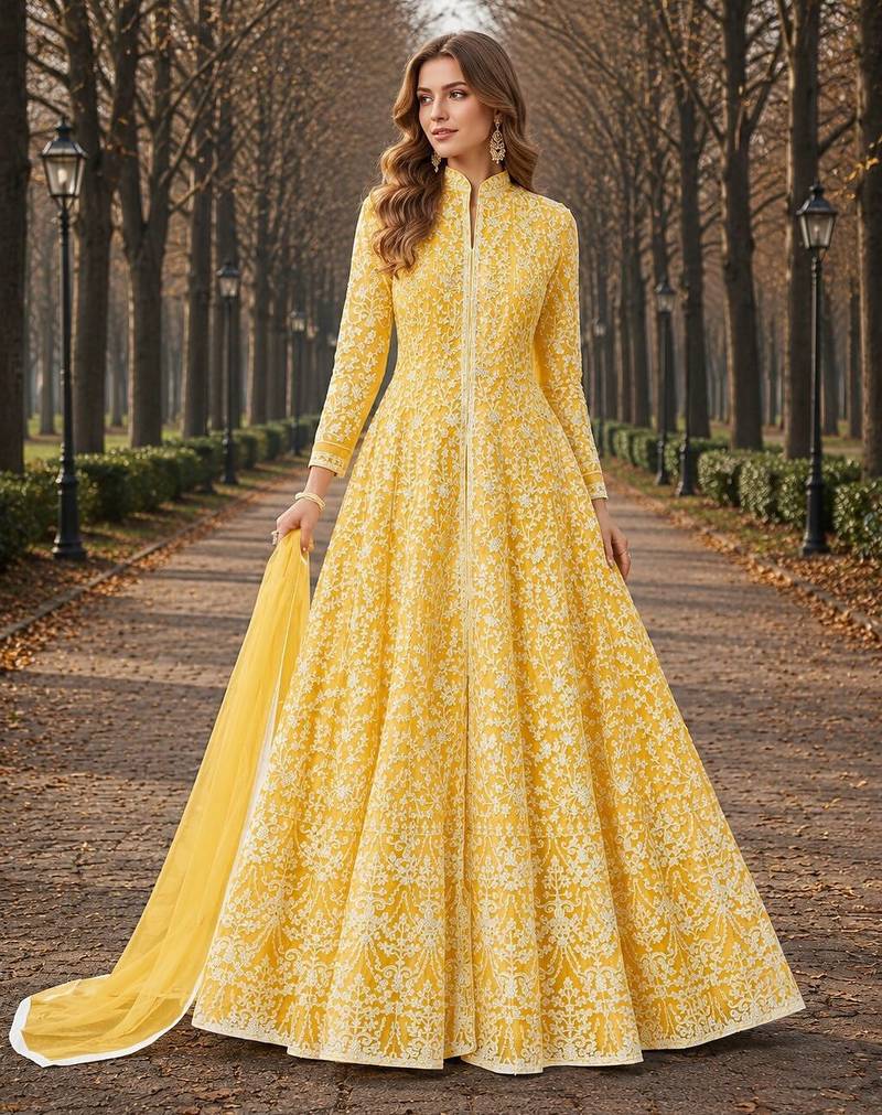 Yellow embroidered net semi stitched anarkali suit