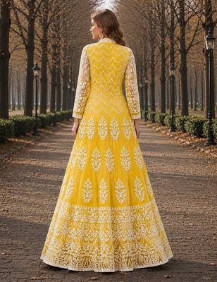 Yellow embroidered net semi stitched anarkali suit 2