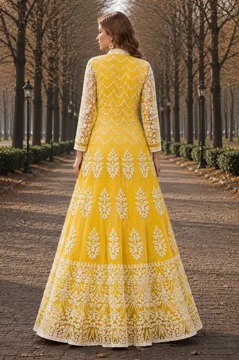 Yellow embroidered net semi stitched anarkali suit