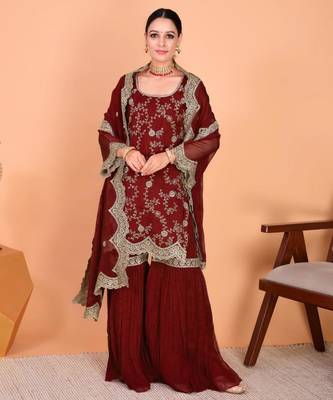 Maroon faux georgette embroidered kurta set 4