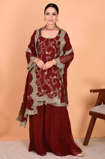 Maroon faux georgette embroidered kurta set
