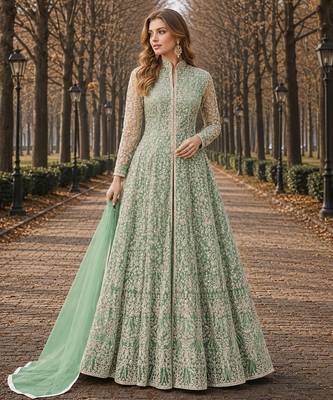 Light green embroidered net semi stitched anarkali suit 1
