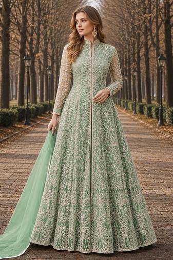 Light green embroidered net semi stitched anarkali suit