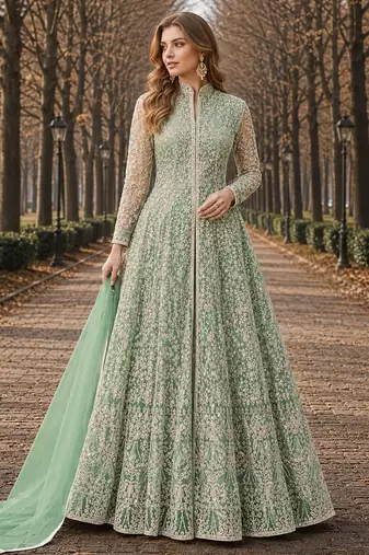 Light green embroidered net semi stitched anarkali suit