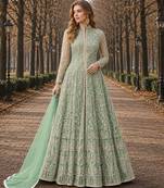 Light green embroidered net semi stitched anarkali suit