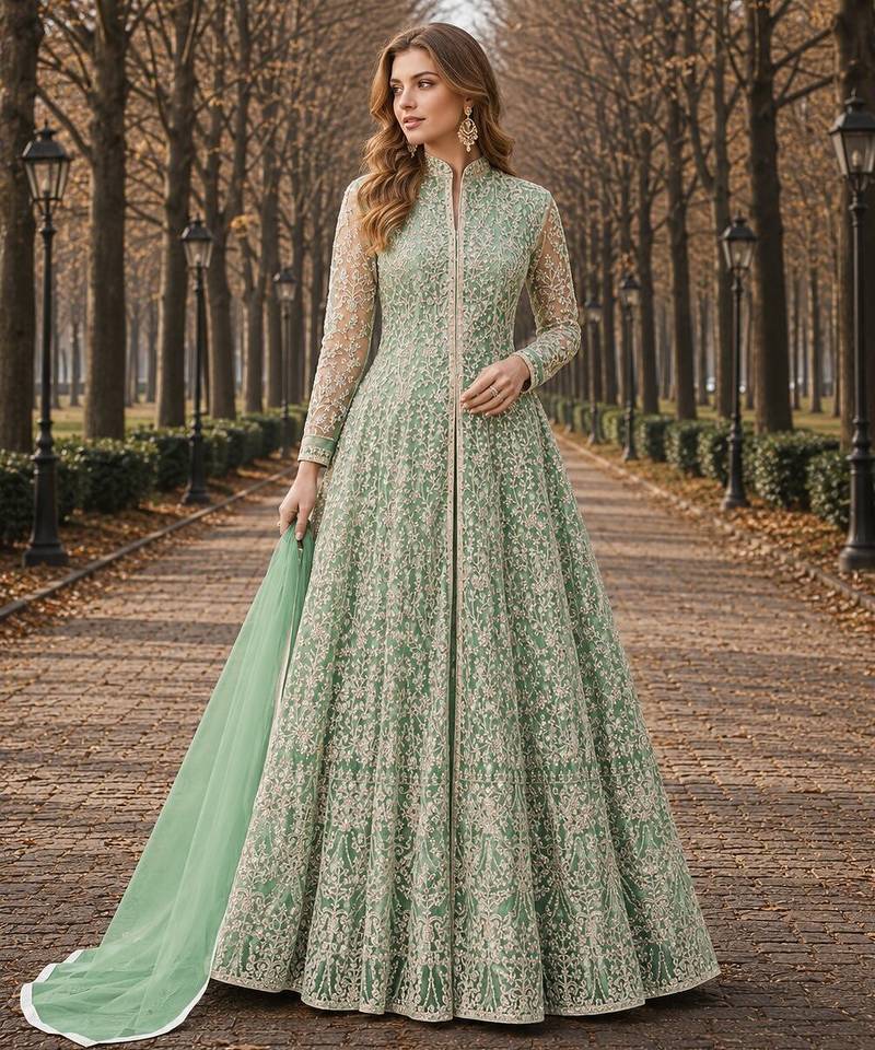 Light green embroidered net semi stitched anarkali suit