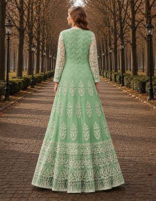 Light green embroidered net semi stitched anarkali suit 2