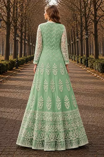 Light green embroidered net semi stitched anarkali suit