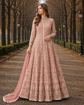 Peach embroidered net semi stitched anarkali suit 1
