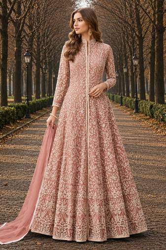 Peach embroidered net semi stitched anarkali suit