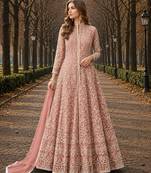 Peach embroidered net semi stitched anarkali suit