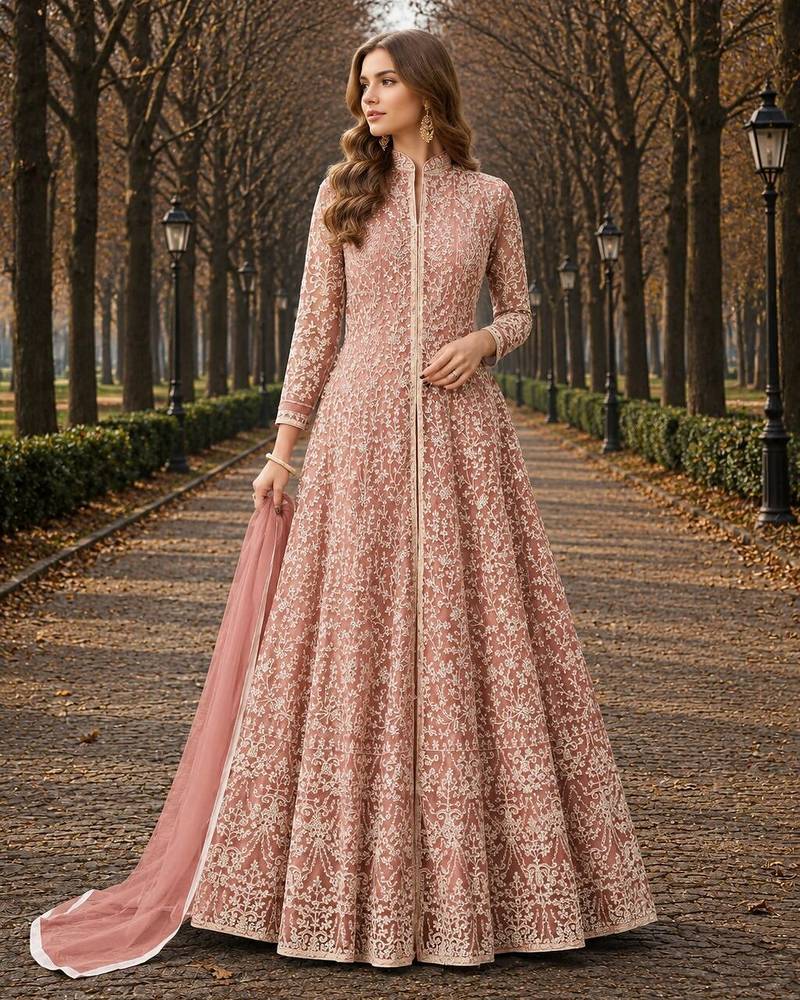 Peach embroidered net semi stitched anarkali suit