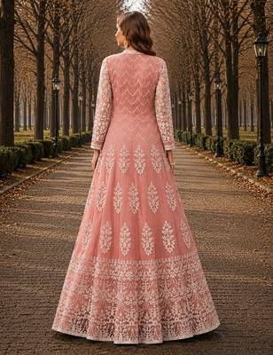 Peach embroidered net semi stitched anarkali suit 2