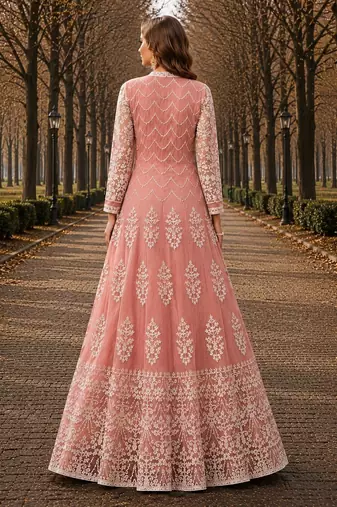 Peach embroidered net semi stitched anarkali suit
