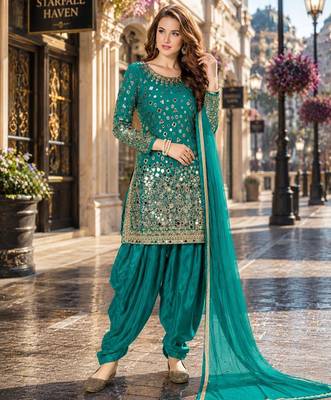 Teal embroidered tapeta silk semi stitched salwar suit 1