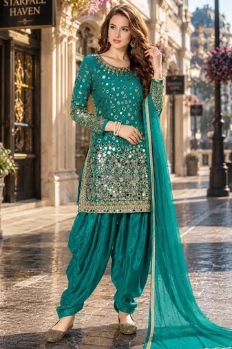 Teal embroidered tapeta silk semi stitched salwar suit