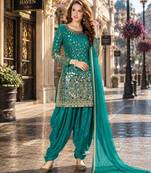 Teal embroidered tapeta silk semi stitched salwar suit