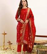 Red art silk jacquard kurta set