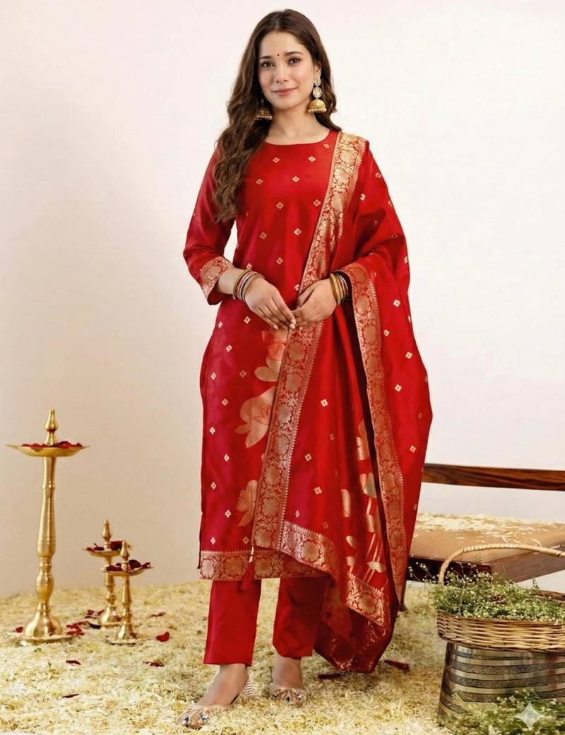 Red art silk jacquard kurta set
