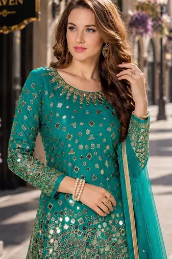 Teal embroidered tapeta silk semi stitched salwar suit