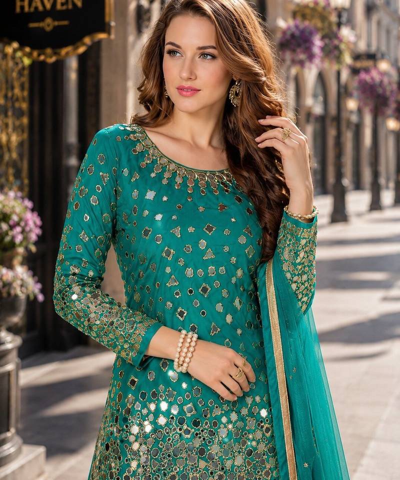 Teal embroidered tapeta silk semi stitched salwar suit