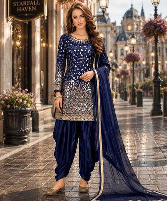 Navy blue embroidered tapeta silk semi stitched salwar suit 1
