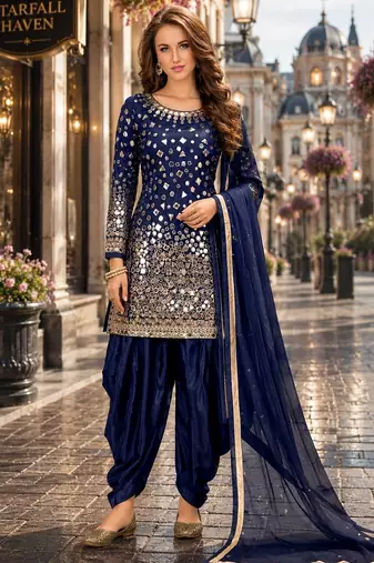 Navy blue embroidered tapeta silk semi stitched salwar suit