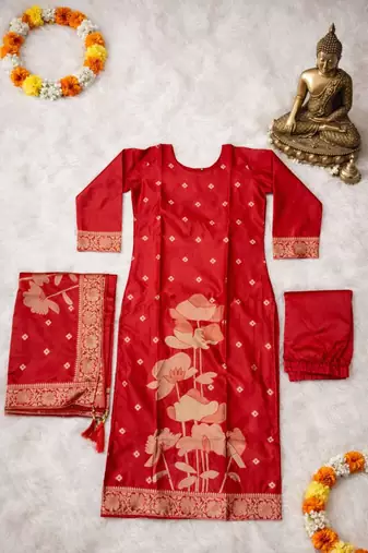 Red art silk jacquard kurta set