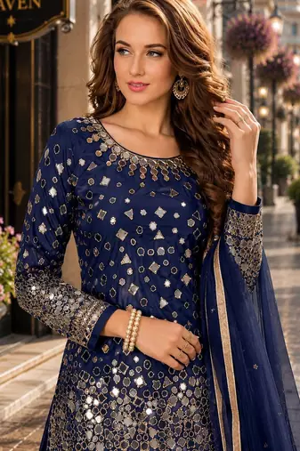 Navy blue embroidered tapeta silk semi stitched salwar suit