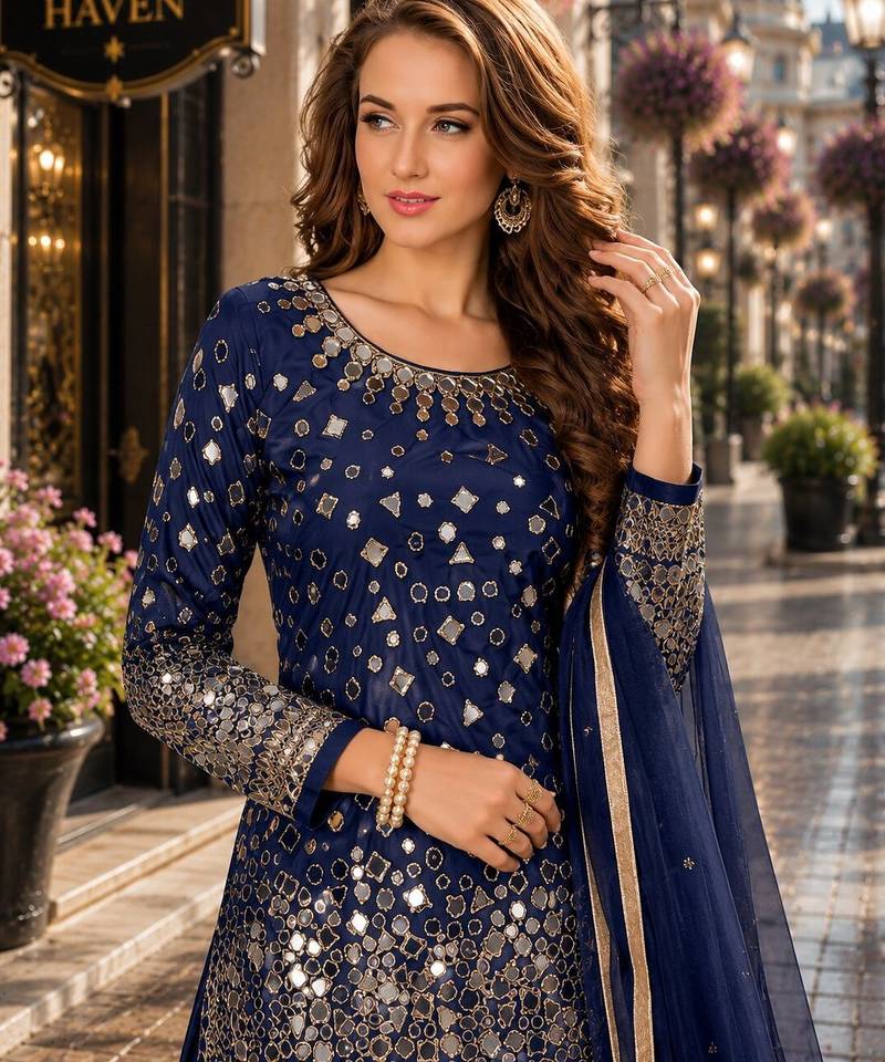Navy blue embroidered tapeta silk semi stitched salwar suit