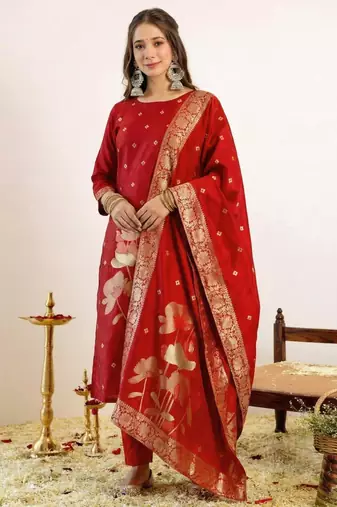 Red art silk jacquard kurta set